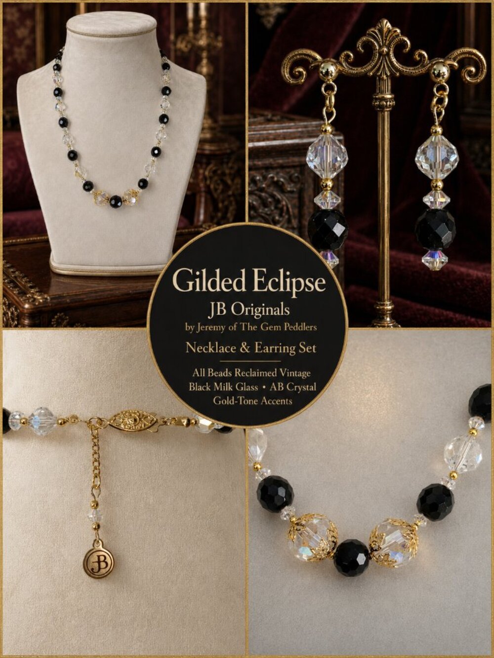 JB Original - Gilded Eclipse | Reclaimed Vintage Black Milk Glass & AB Crystal - Picture 3 of 8